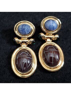 Vintage Givenchy Scarab Earrings Egyptian Revival Gold Tone 1.75"